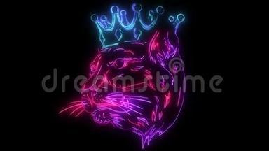数字动画的黑豹与皇冠照明霓虹灯风格